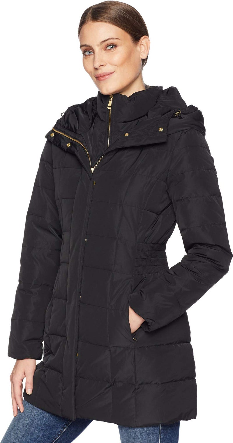 Cole Haan Women's Taffeta Down Coat with Bib Front and Dramatic Hood, Black, X-Large - Image 2